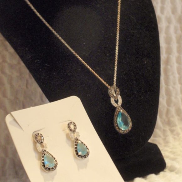 NWOT Plated Topaz Sterling Silver and Marcasite Teardrop Necklace,earrings - Picture 5 of 12